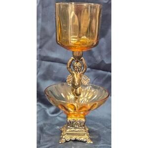 Vintage Amber Glass Cherub Decorative Compote Dish with Ornate Metal Base